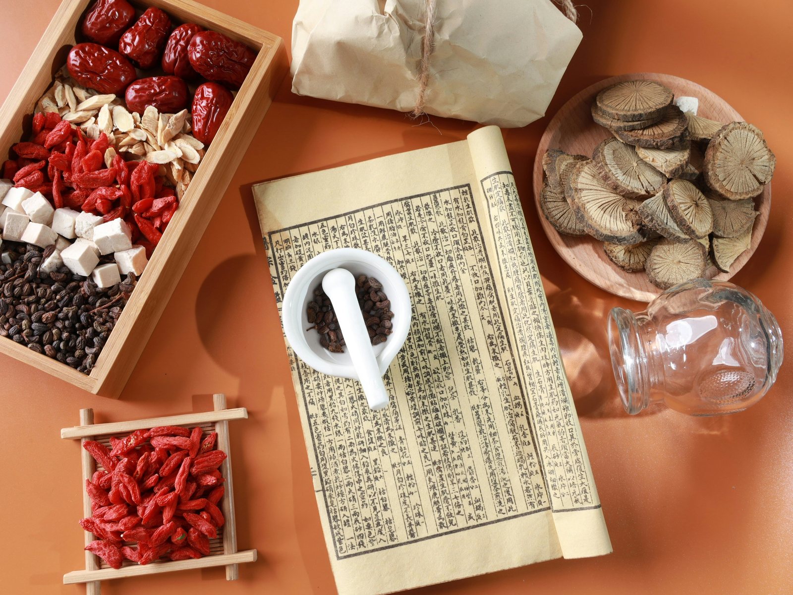 Traditional Chinese medicine herbs, mortar and classic text